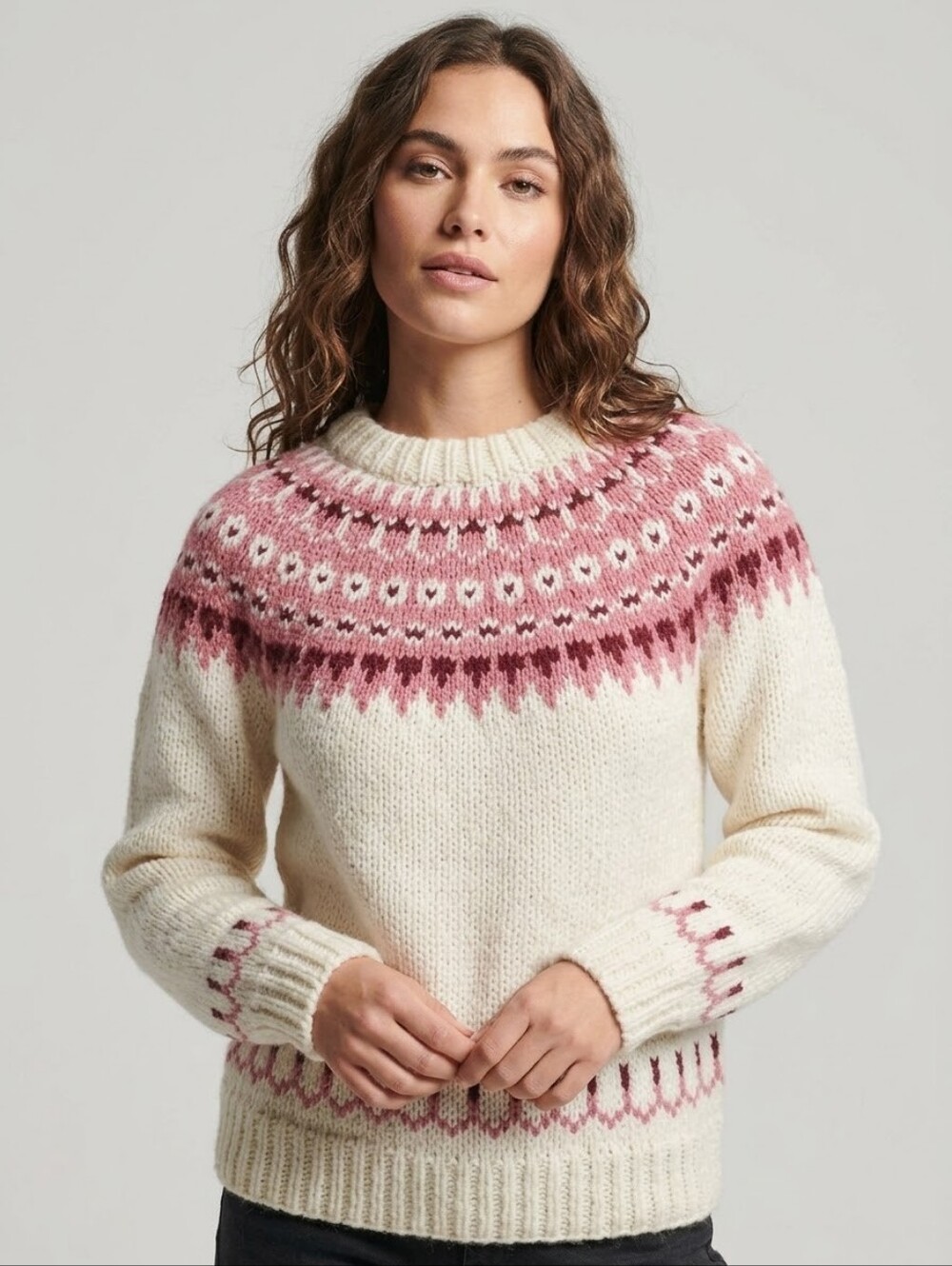 Handknit Nordic small knit longsleeve red white pink fair isle sweater